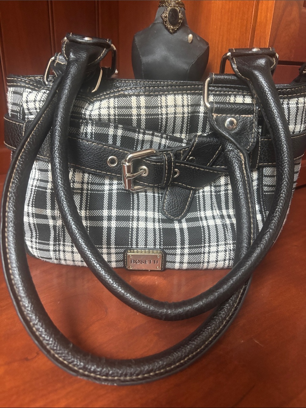 VTG ROSETTI gray PLAID Fabric Shoulder bag Black Trim